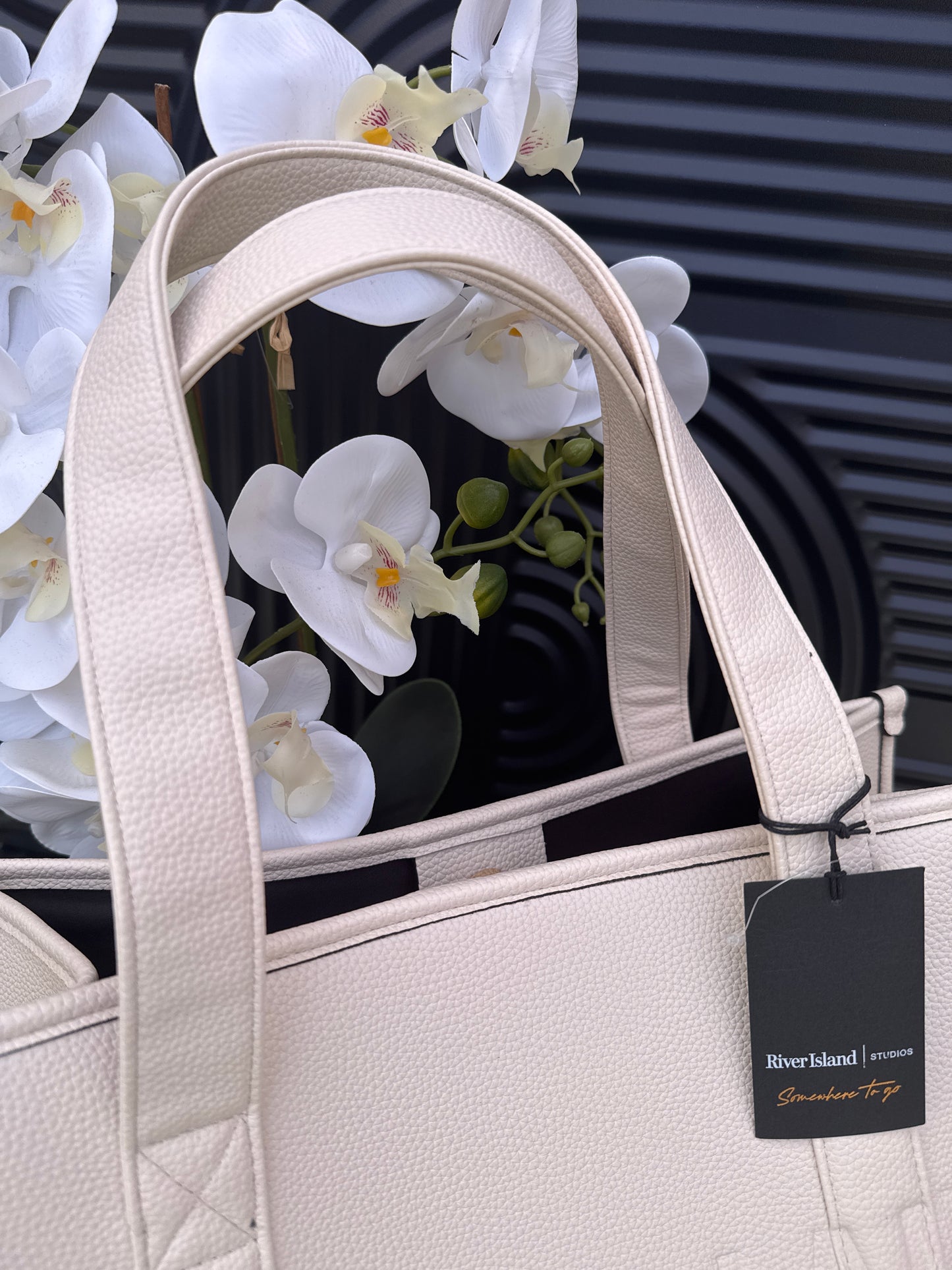 Cream Leather Embossed Shopper Bag