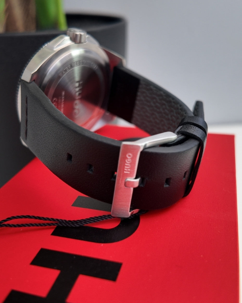 Hugo Boss Silver-tone watch with black leather strap