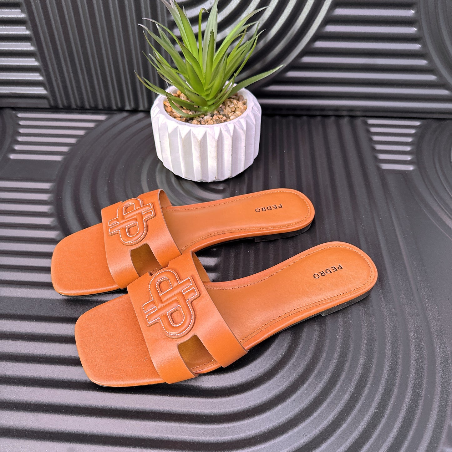 Leather Slip on Sandals in Brown