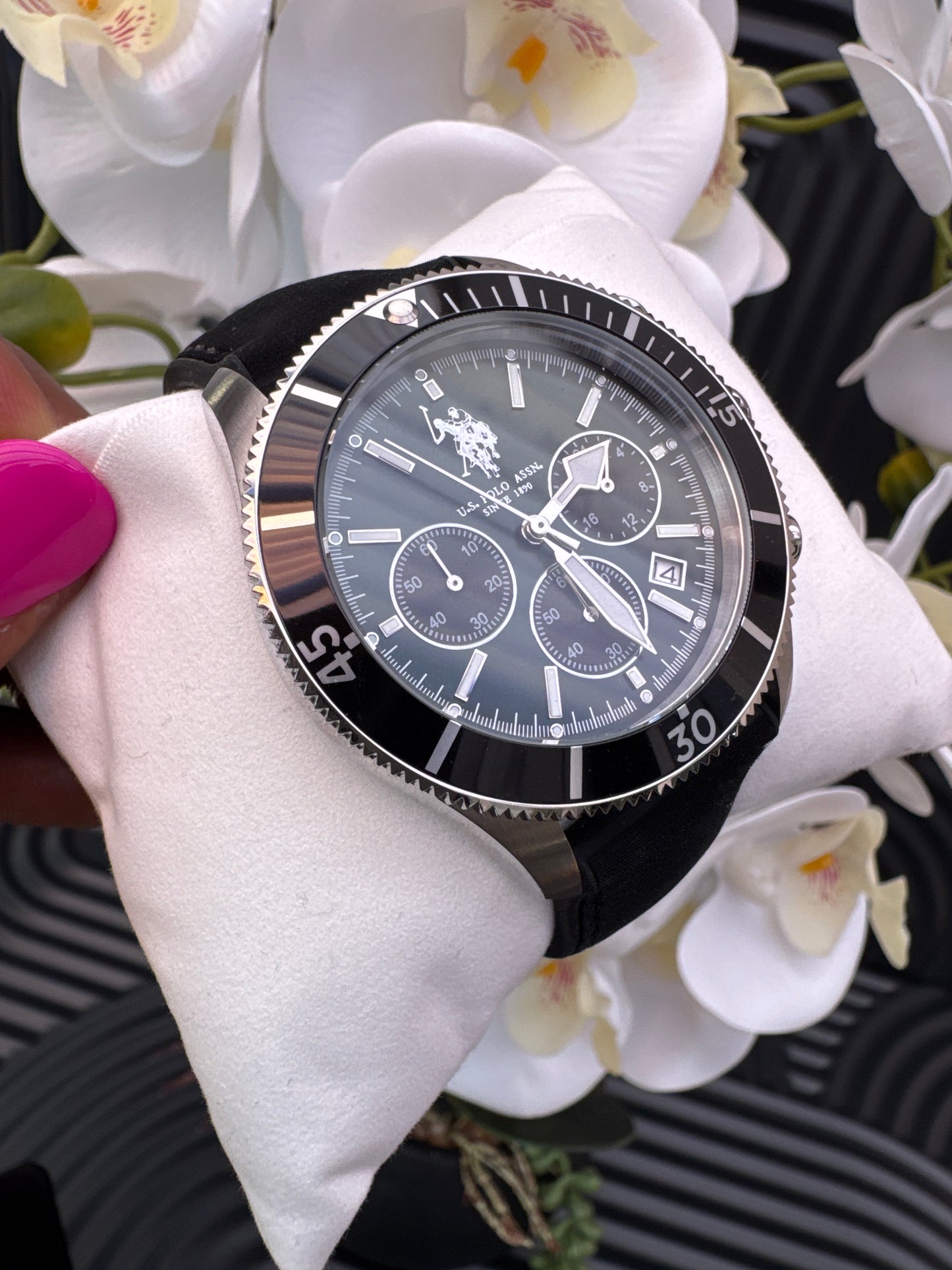 US Polo Assn Black & Silver Tone Argo Chronograph Watch