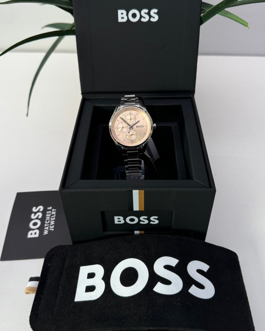 BOSS bracelet watch with rose gold dial.