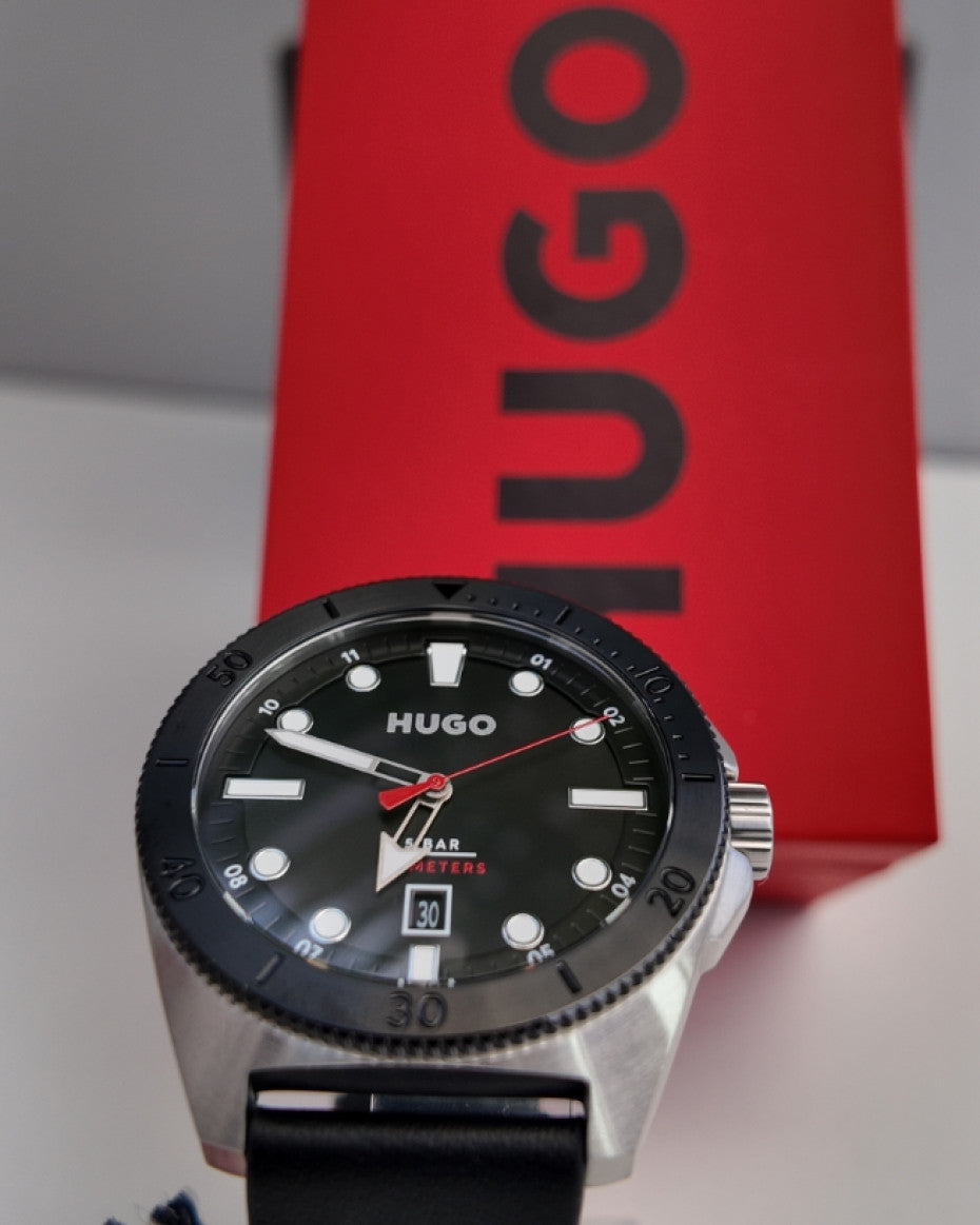 Hugo Boss Silver-tone watch with black leather strap