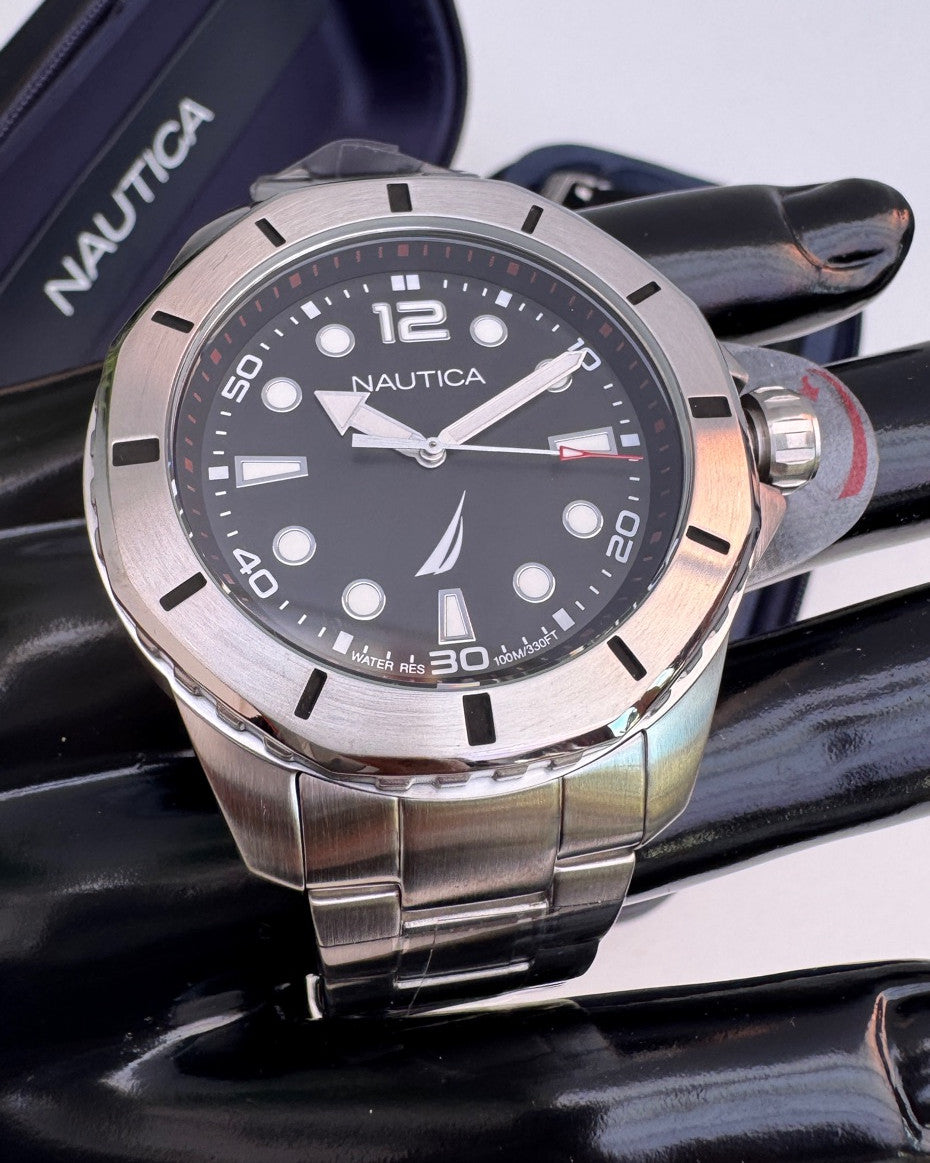 Nautica Stainless Steel Bracelet and Black Silicone Strap Watch