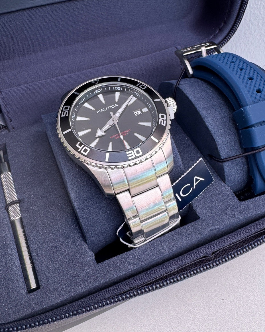 Limited Edition Nautica Silver-Tone Case Quartz Analog Watch Set