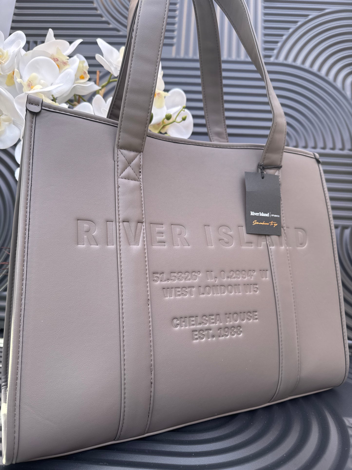 Grey Leather Embossed Shopper Bag