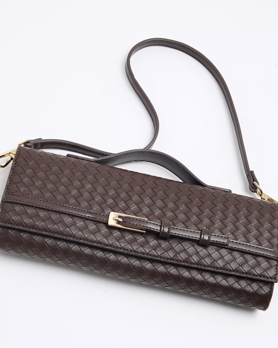 Brown Woven Buckle Shoulder Strap Clutch Bag