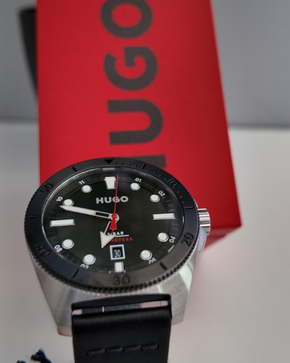 Hugo Boss Silver-tone watch with black leather strap