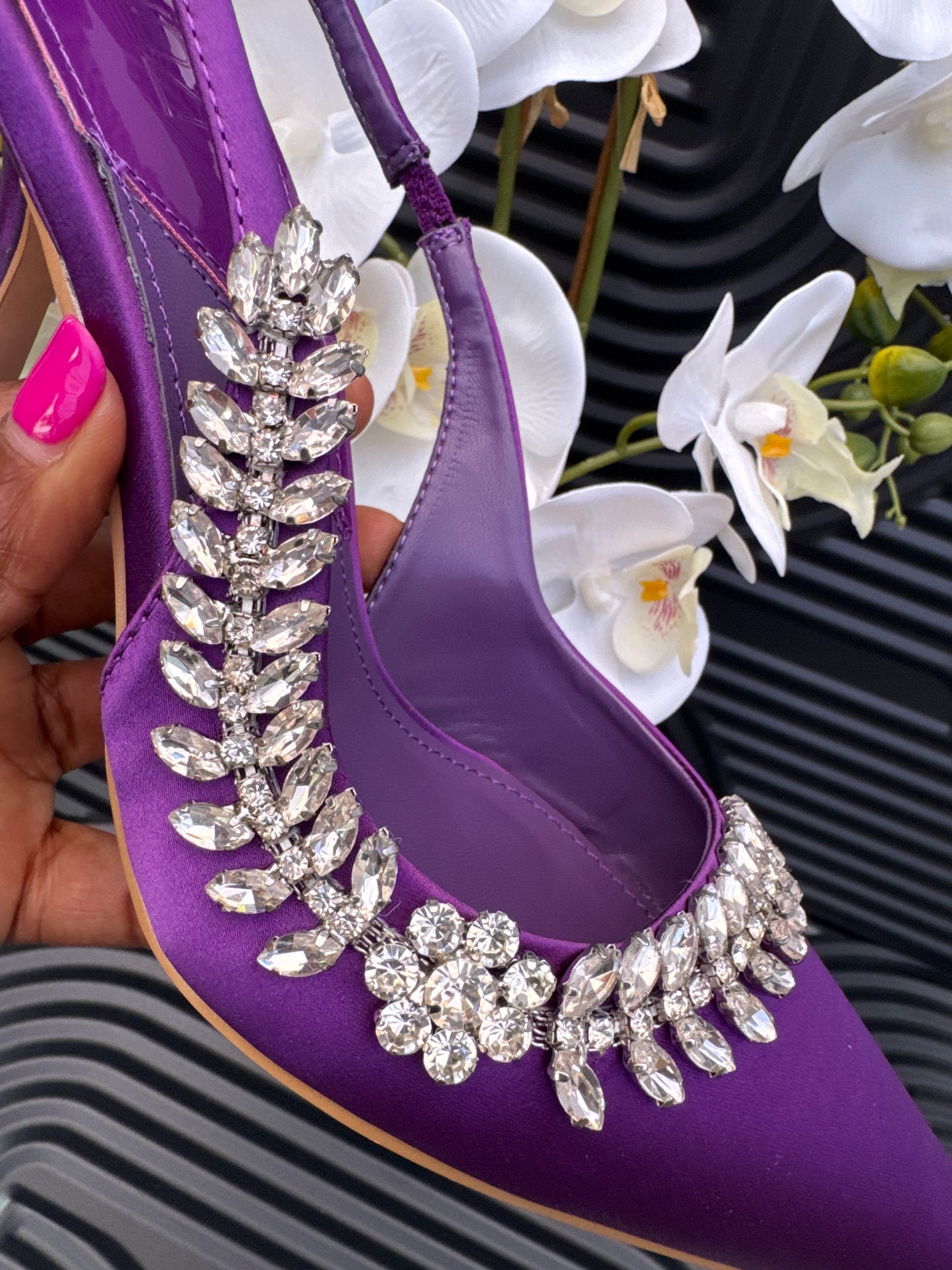 Satin Sling Back Court Heel With Diamante Embellishment
