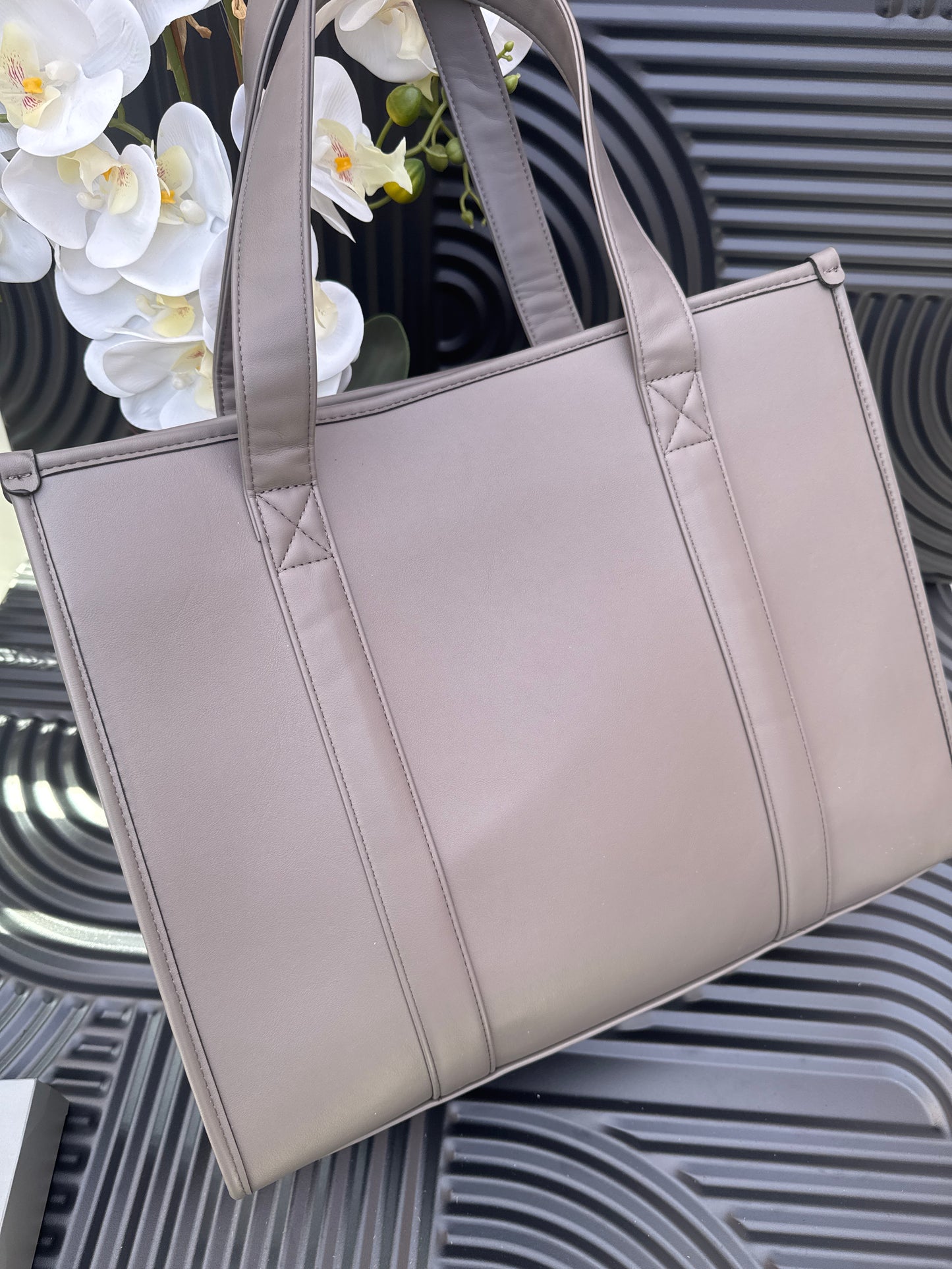 Grey Leather Embossed Shopper Bag