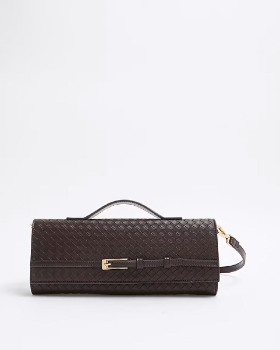Brown Woven Buckle Shoulder Strap Clutch Bag