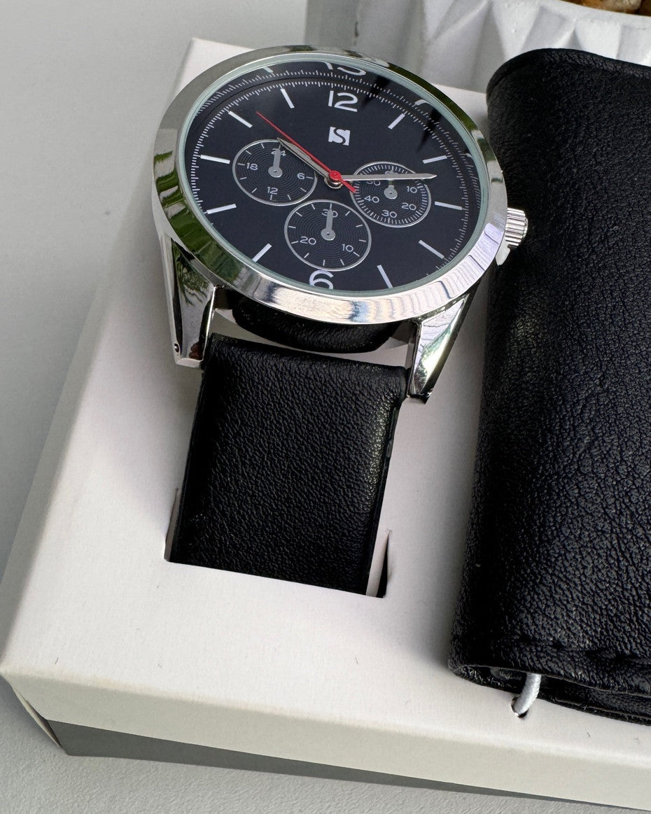 Black Chronograph Watch & Wallet Set