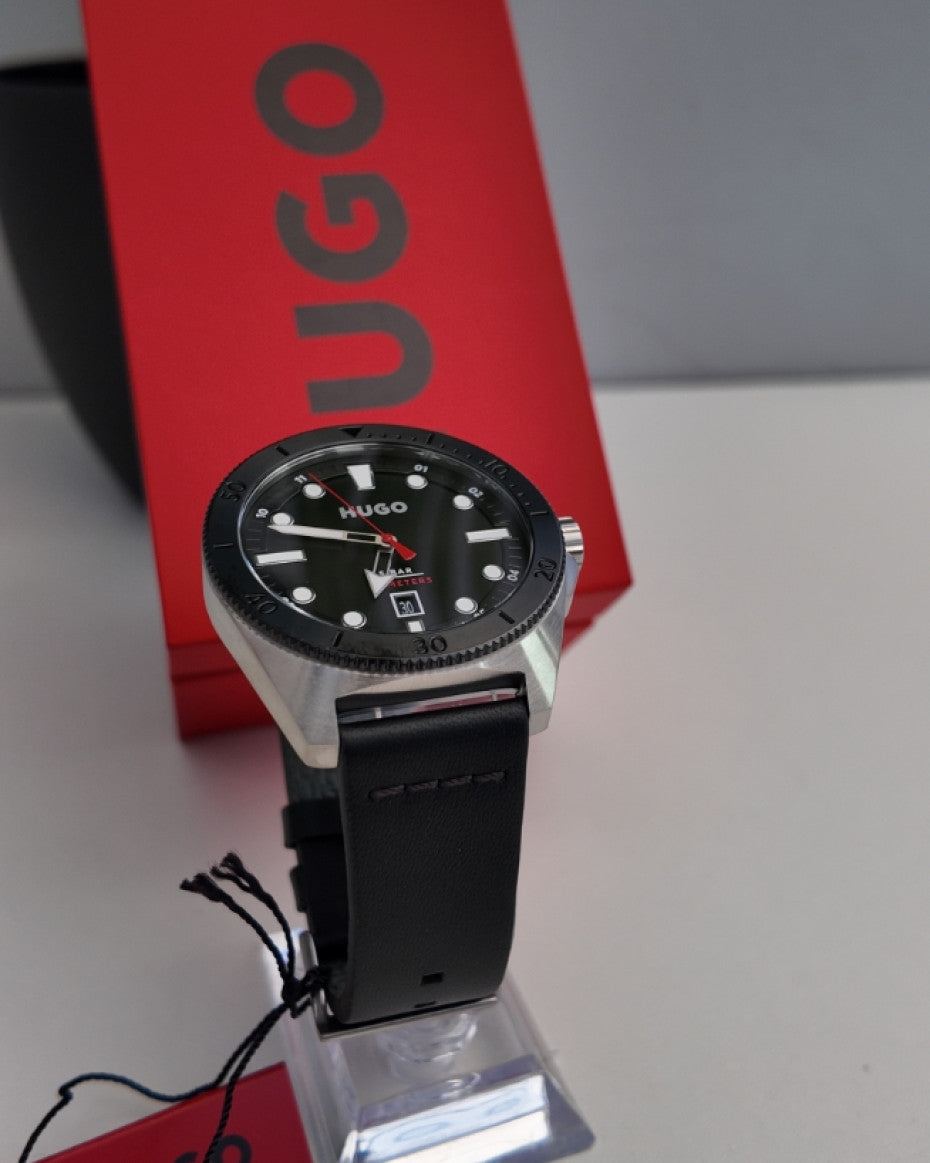 Hugo Boss Silver-tone watch with black leather strap