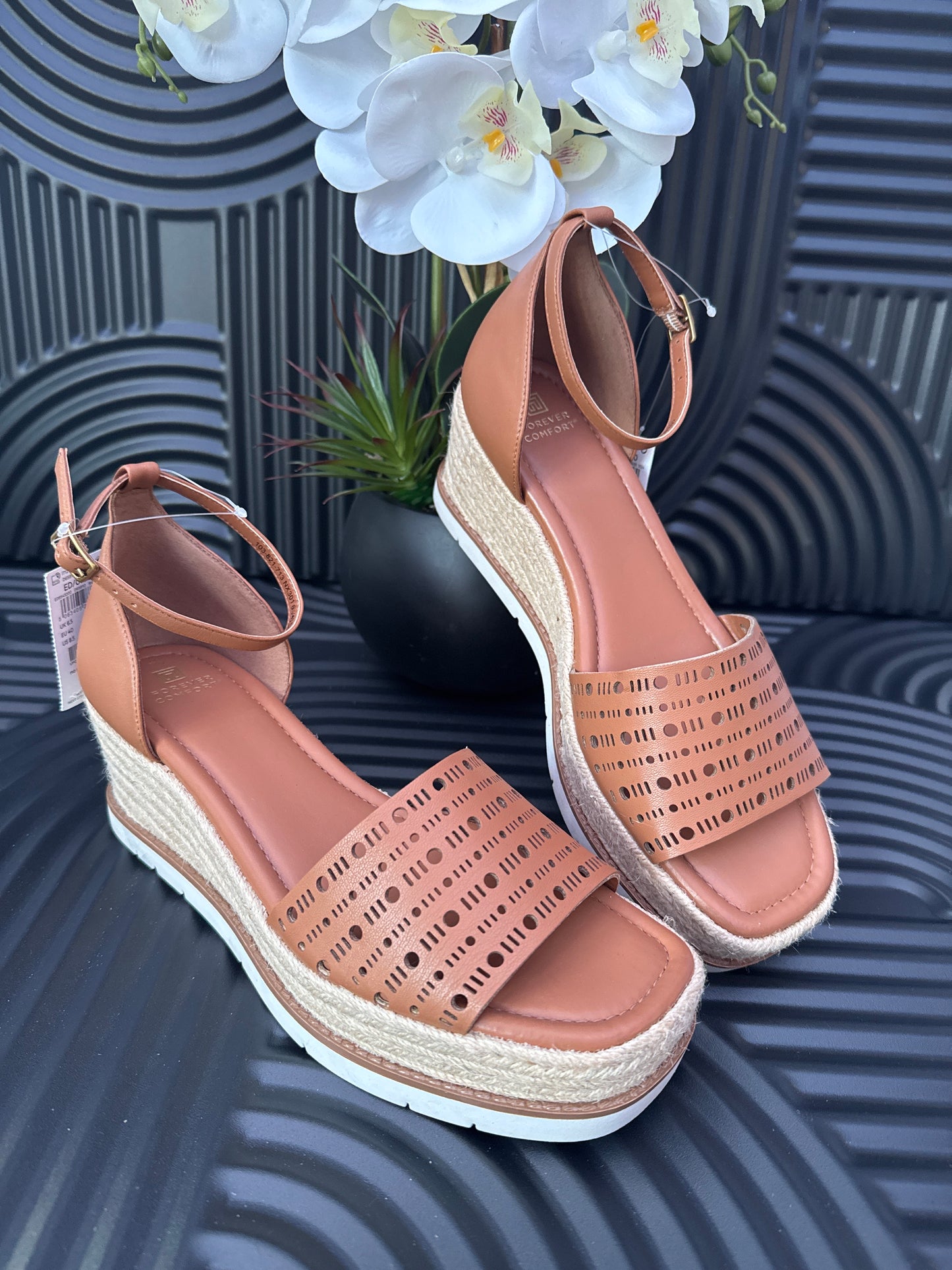 Tan Lasercut Espadrilles Wedges