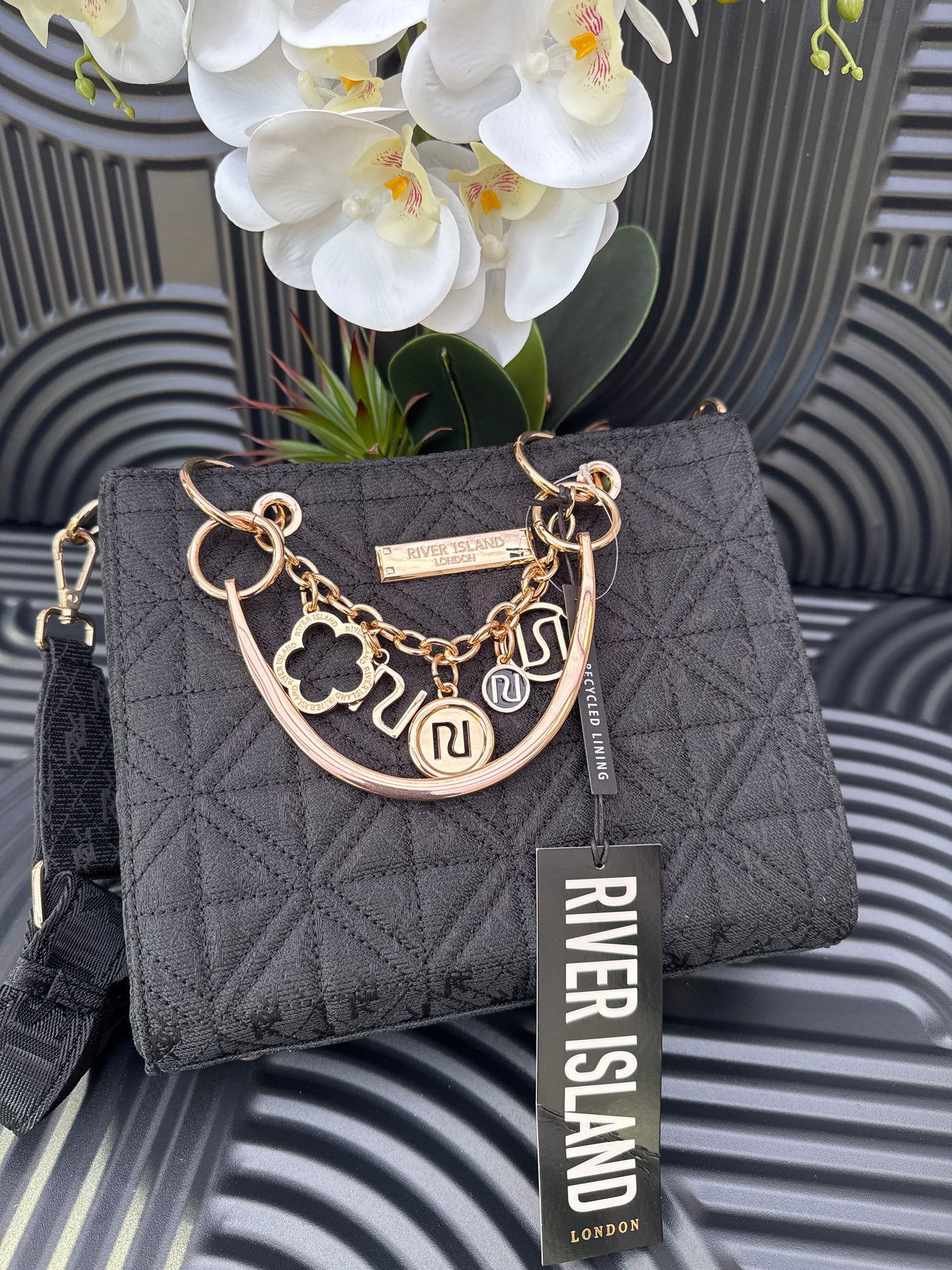 River Island Womens Tote Bag Black Jacquard Charm