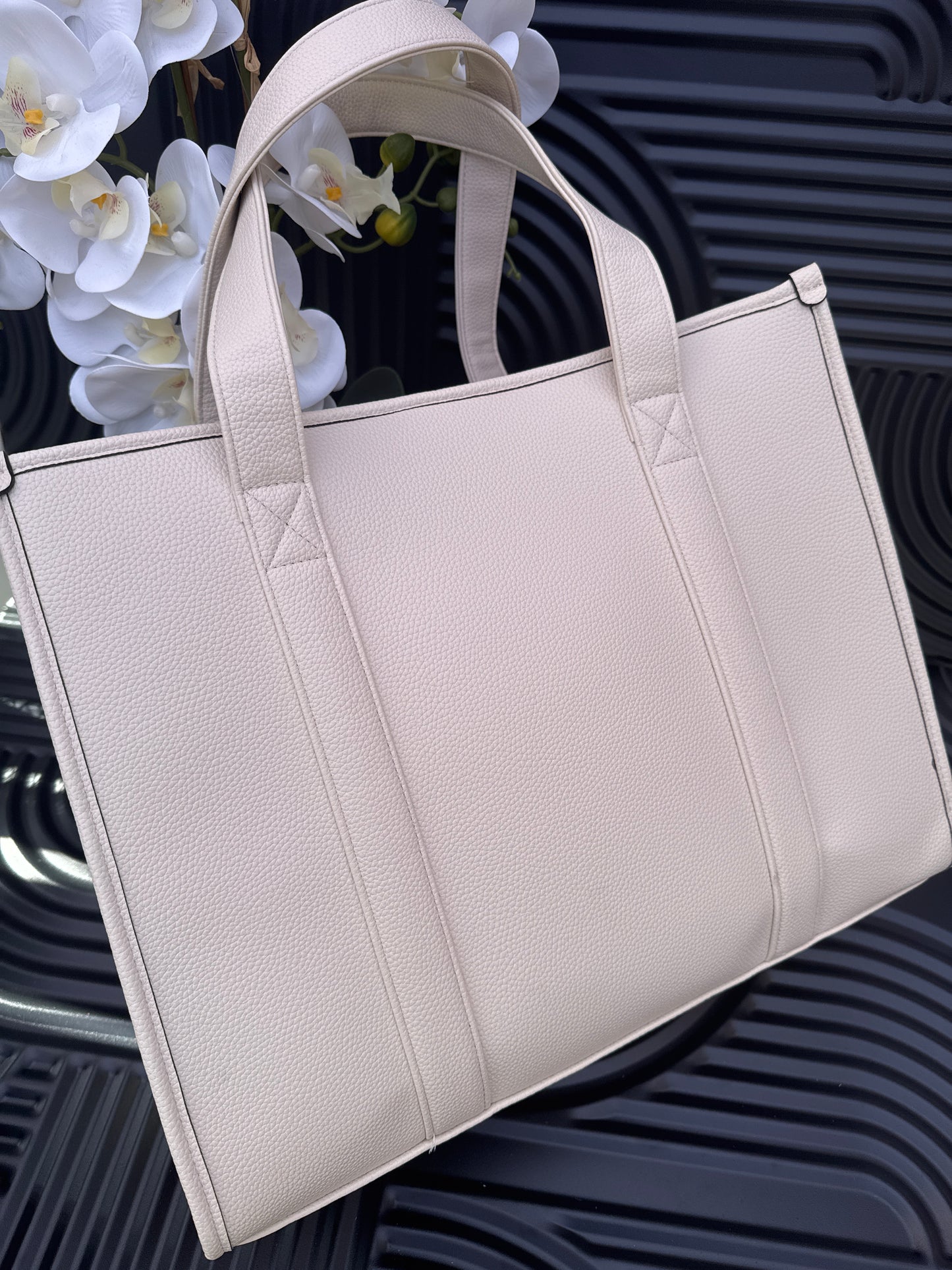 Cream Leather Embossed Shopper Bag