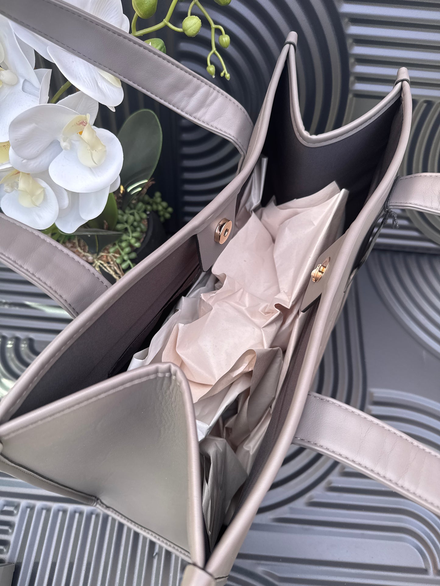 Grey Leather Embossed Shopper Bag