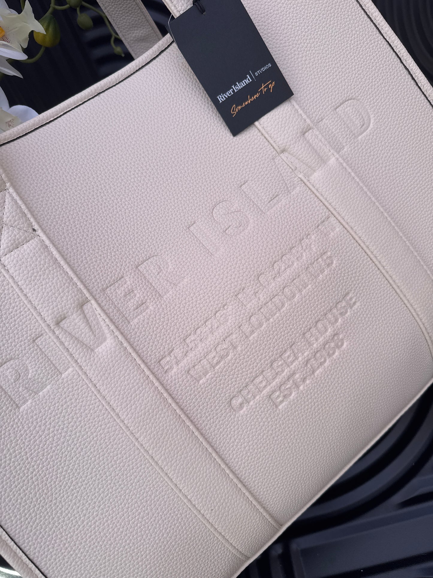 Cream Leather Embossed Shopper Bag
