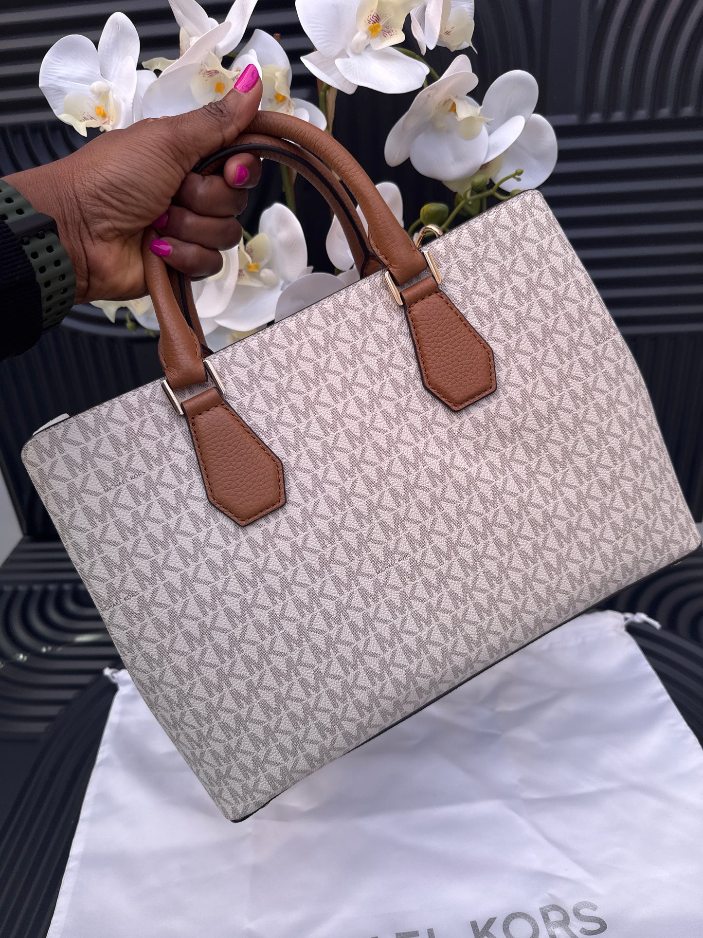 MK Large Logo and Leather Satchel