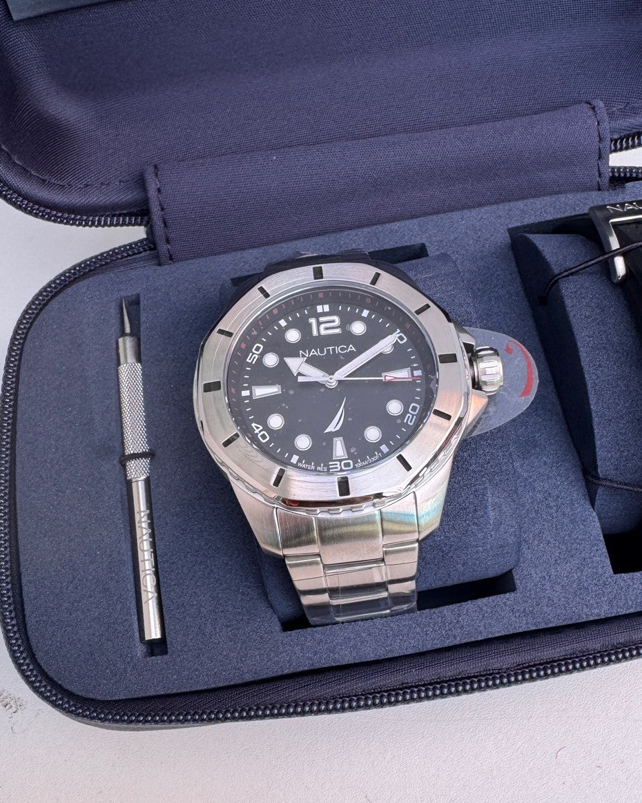 Nautica Stainless Steel Bracelet and Black Silicone Strap Watch