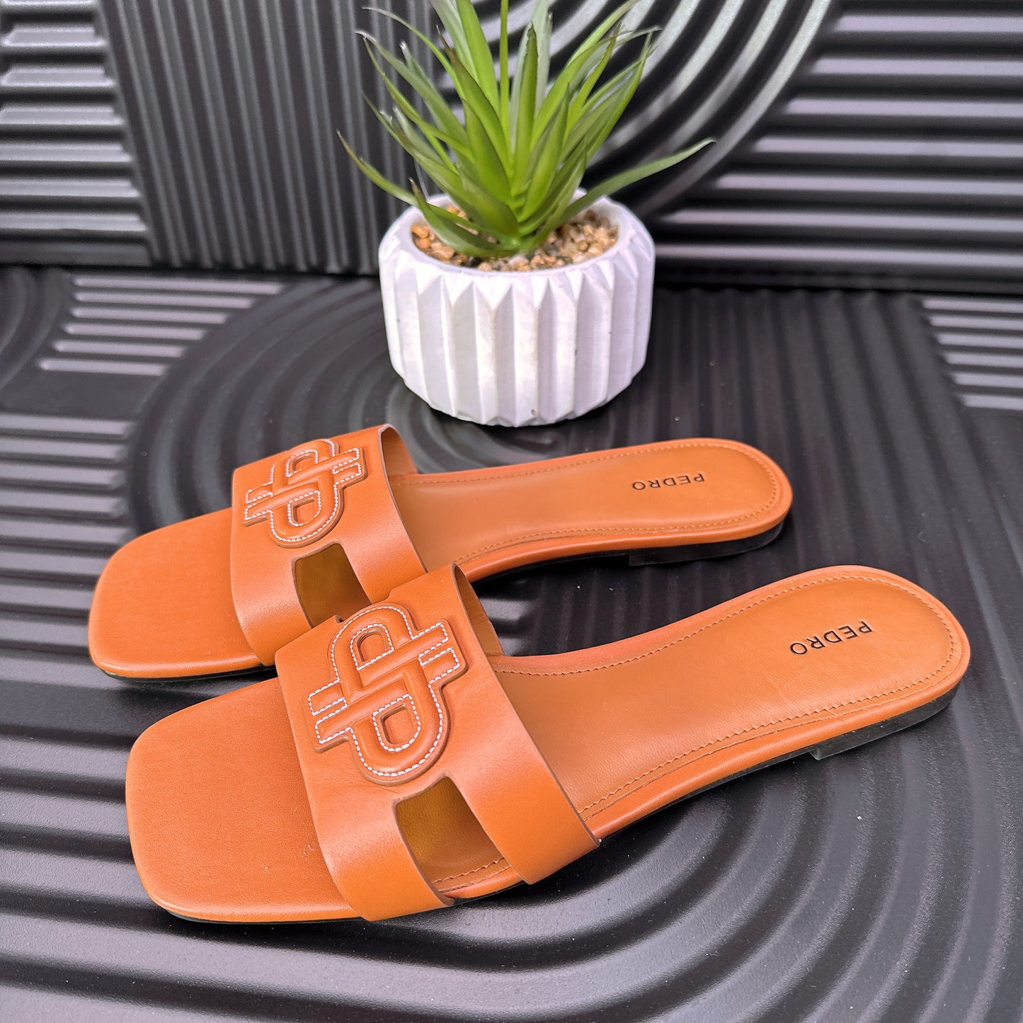 Leather Slip on Sandals in Brown