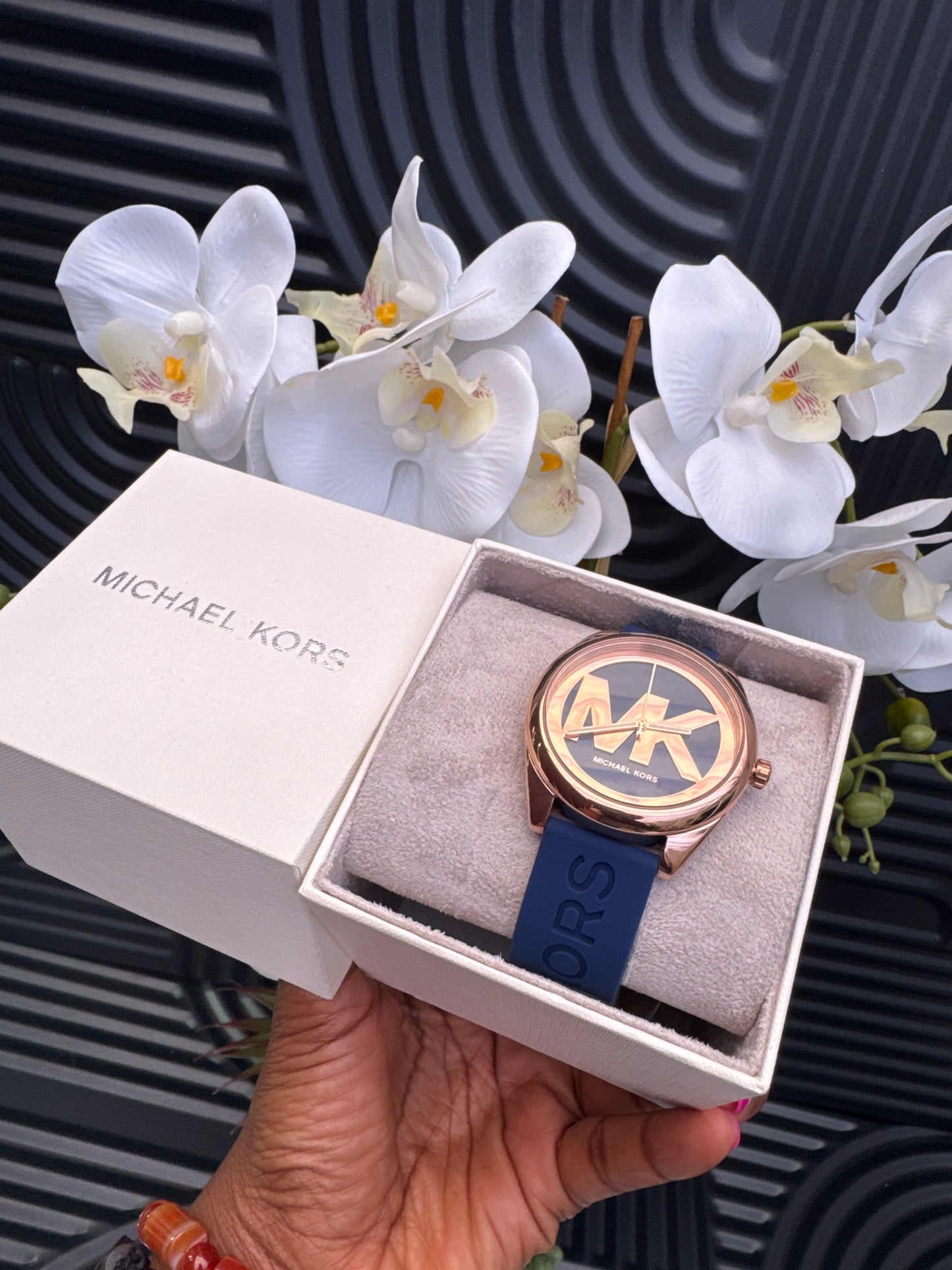 Michael Kors Rose Gold and Blue Strap Watch