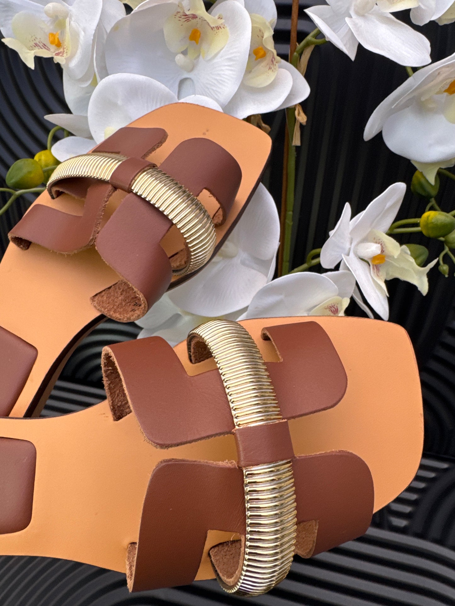 Brown Wide Fit Leather Flat Sandals