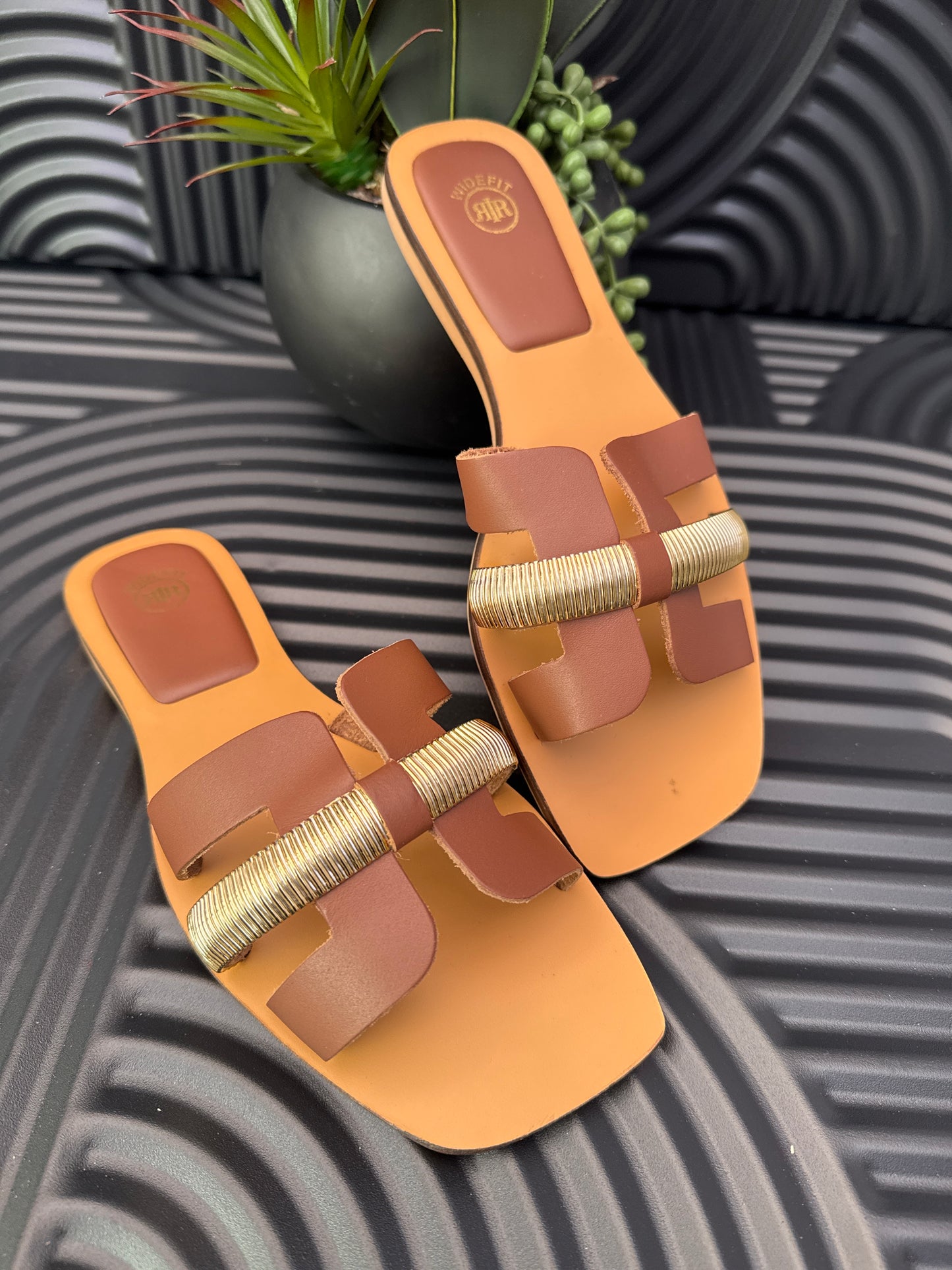 Brown Wide Fit Leather Flat Sandals