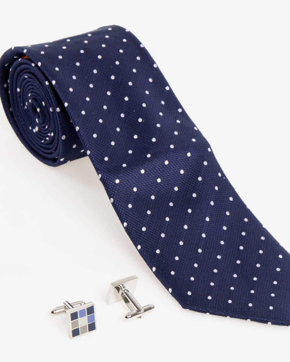 Three Piece Navy Spot Silk Tie & Cufflinks Set