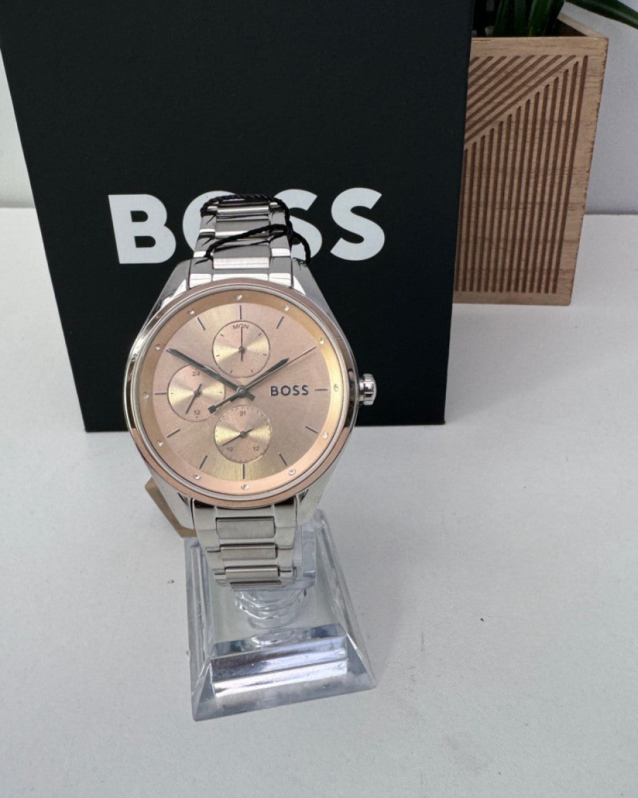BOSS bracelet watch with rose gold dial.
