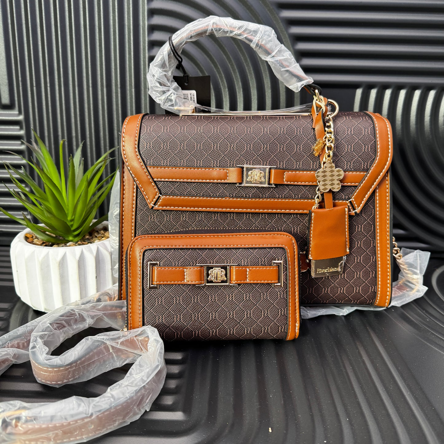 Brown Cross Body Top Handle Bag and Purse Set