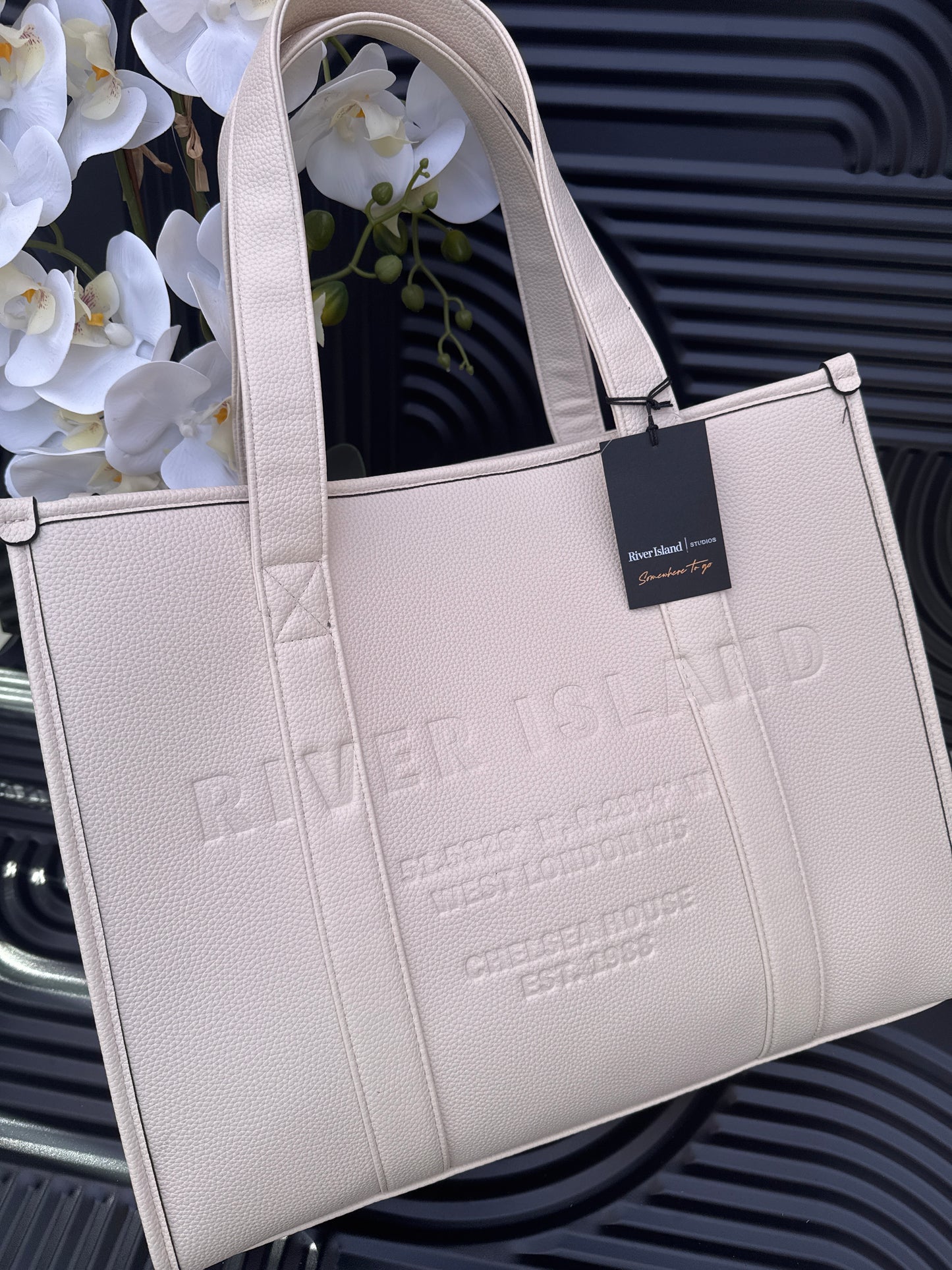 Cream Leather Embossed Shopper Bag