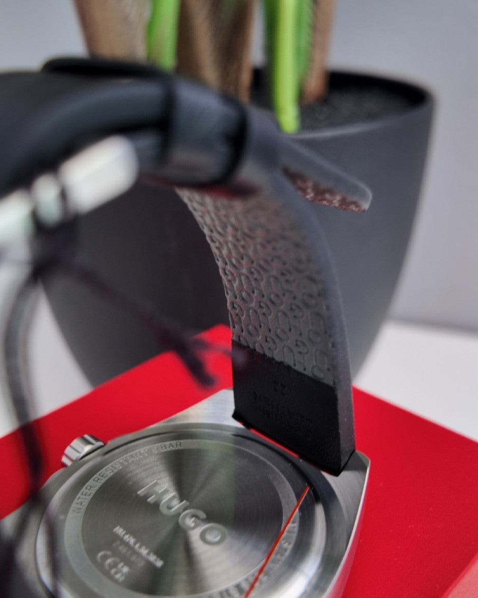 Hugo Boss Silver-tone watch with black leather strap