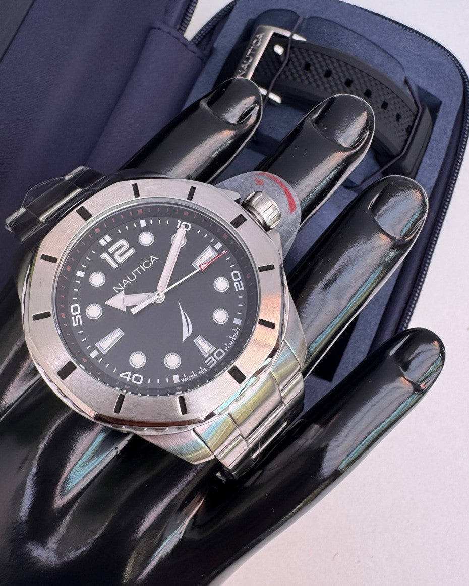 Nautica Stainless Steel Bracelet and Black Silicone Strap Watch