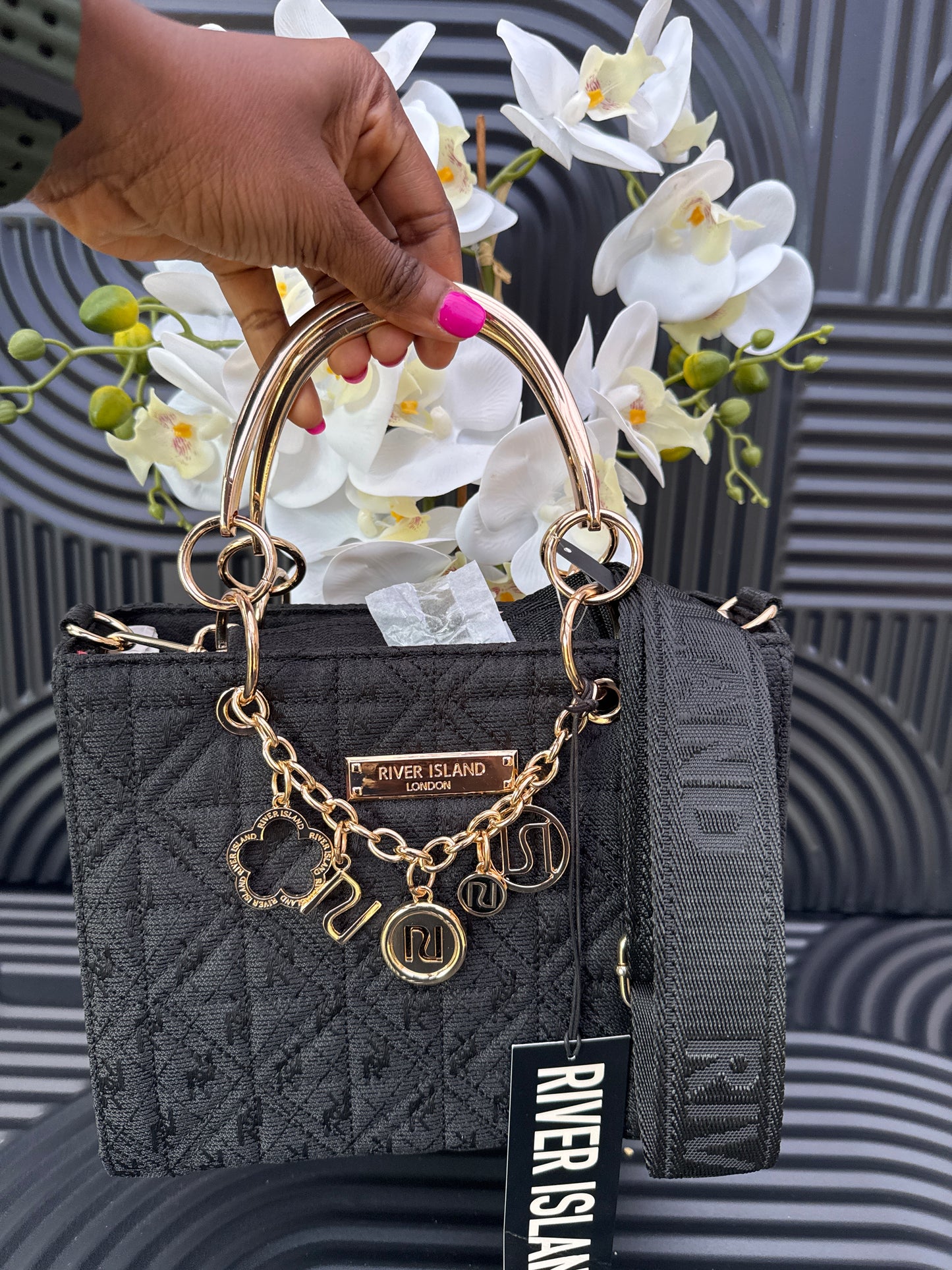 River Island Womens Tote Bag Black Jacquard Charm