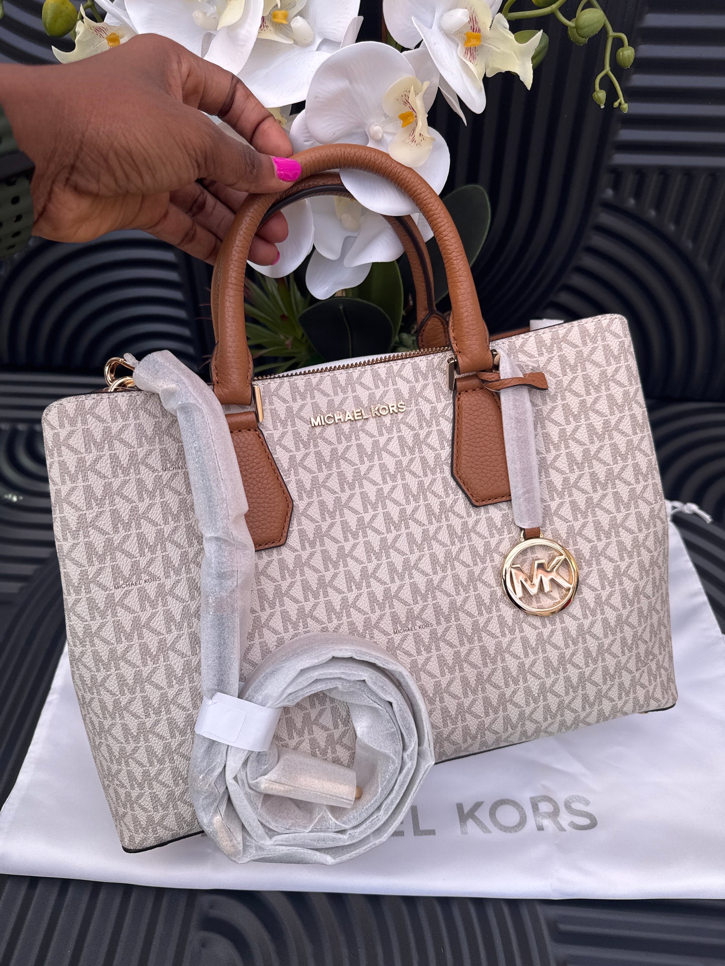 MK Large Logo and Leather Satchel