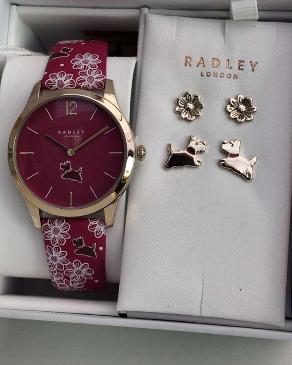 RADLEY Ladies Gold Plated Dark Rose Printed Strap Watch and Earring Set