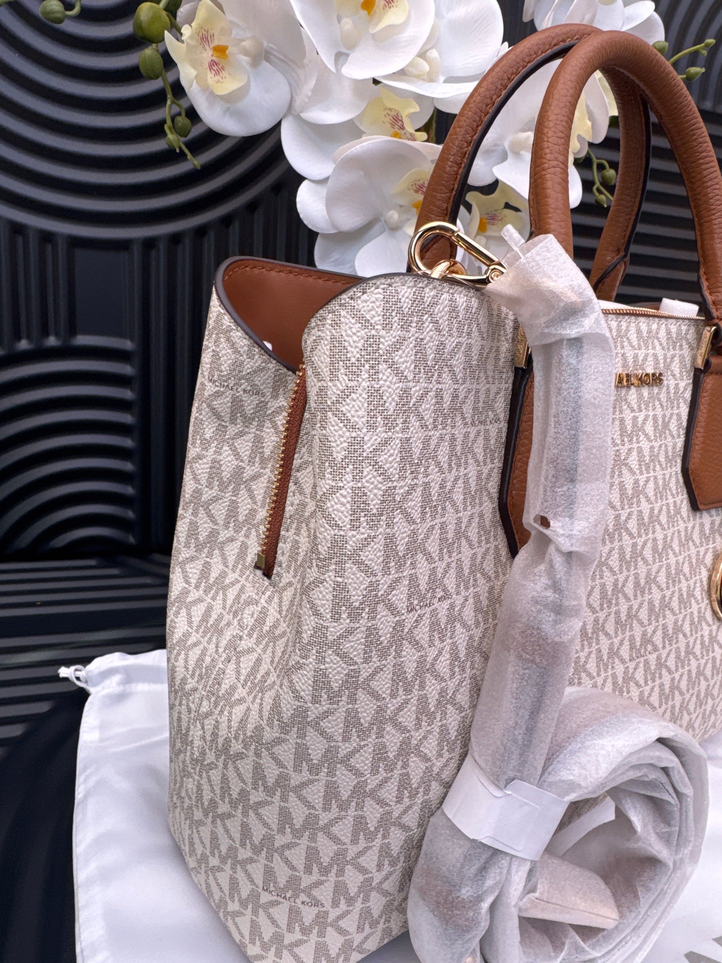 MK Large Logo and Leather Satchel