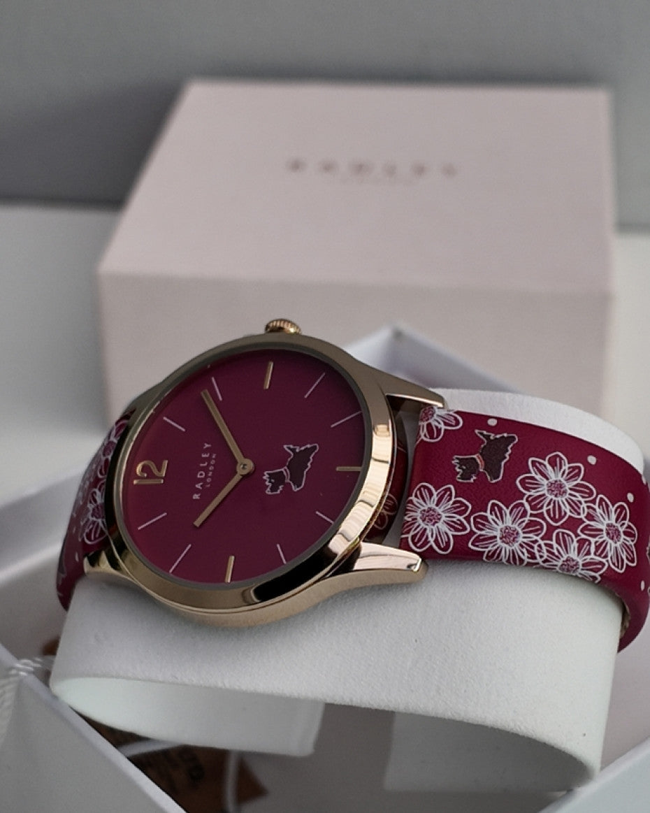 RADLEY Ladies Gold Plated Dark Rose Printed Strap Watch and Earring Set