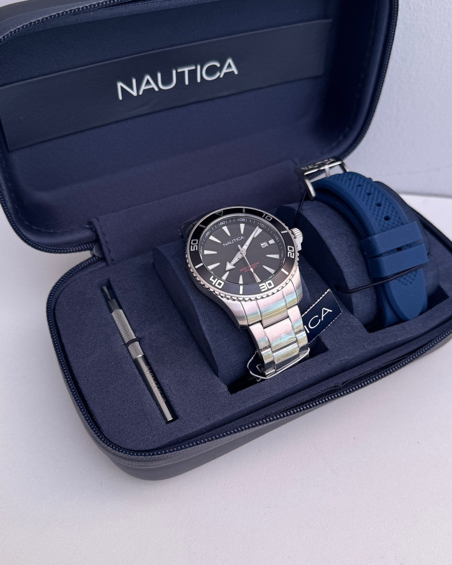 Limited Edition Nautica Silver-Tone Case Quartz Analog Watch Set