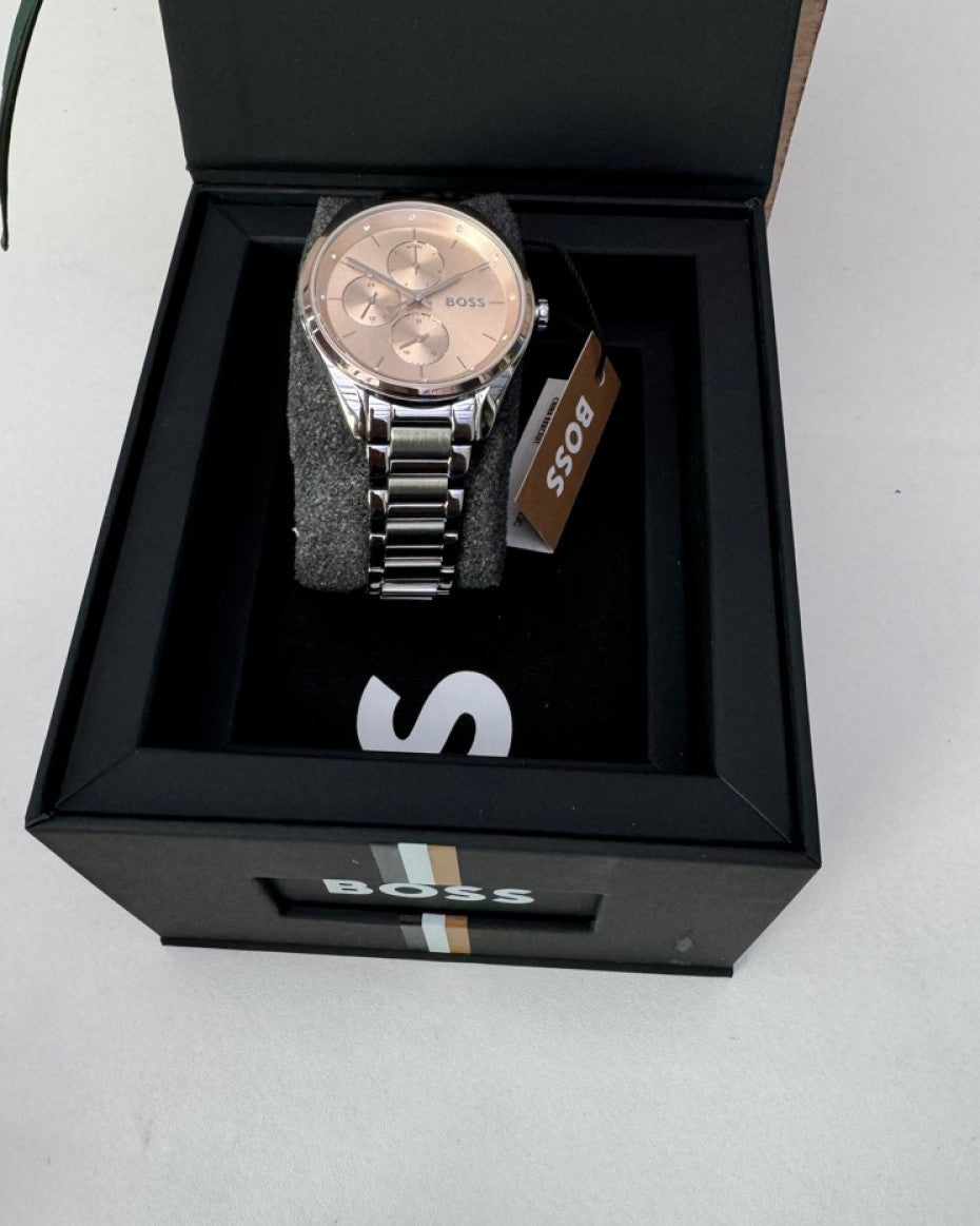 BOSS bracelet watch with rose gold dial.