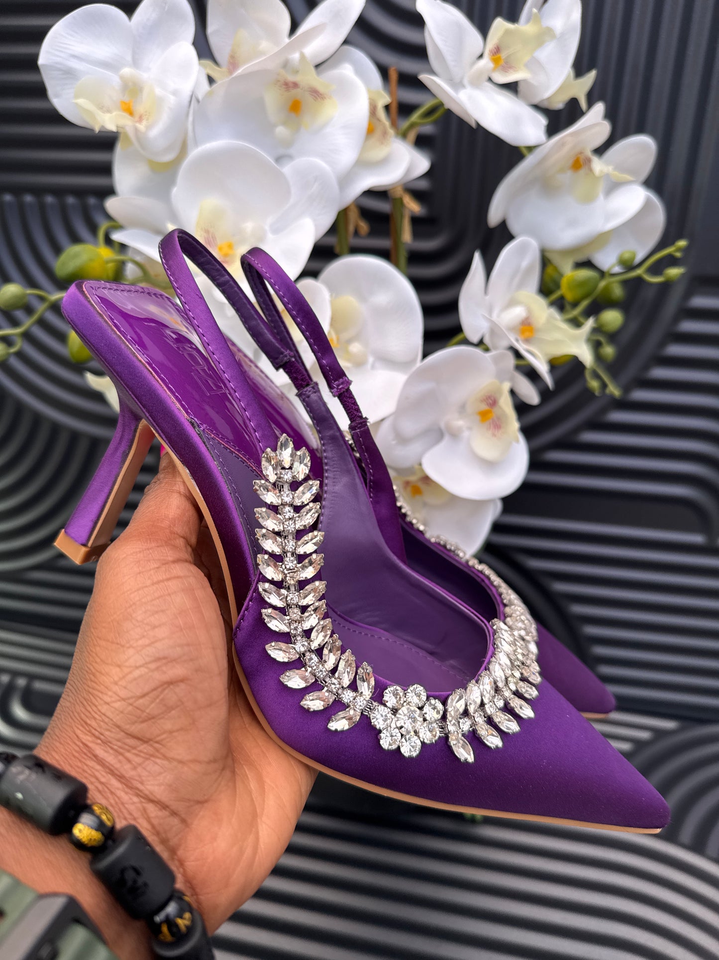 Satin Sling Back Court Heel With Diamante Embellishment