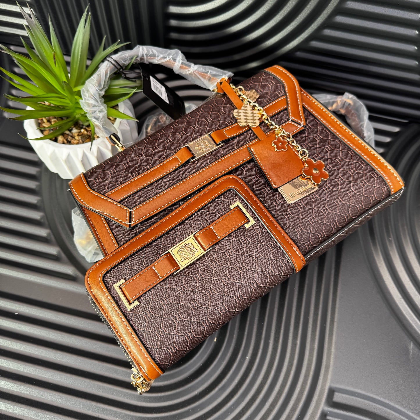 Brown Cross Body Top Handle Bag and Purse Set