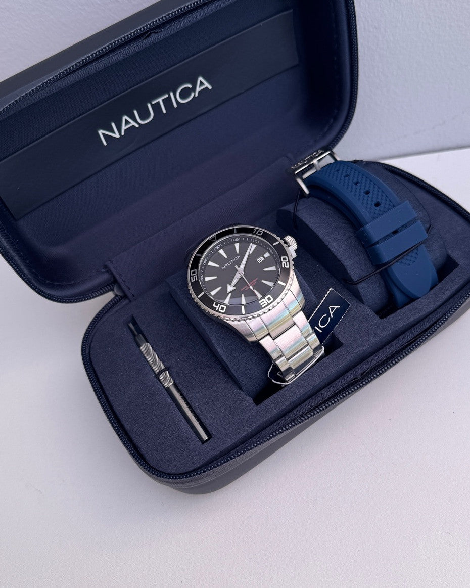 Limited Edition Nautica Silver-Tone Case Quartz Analog Watch Set