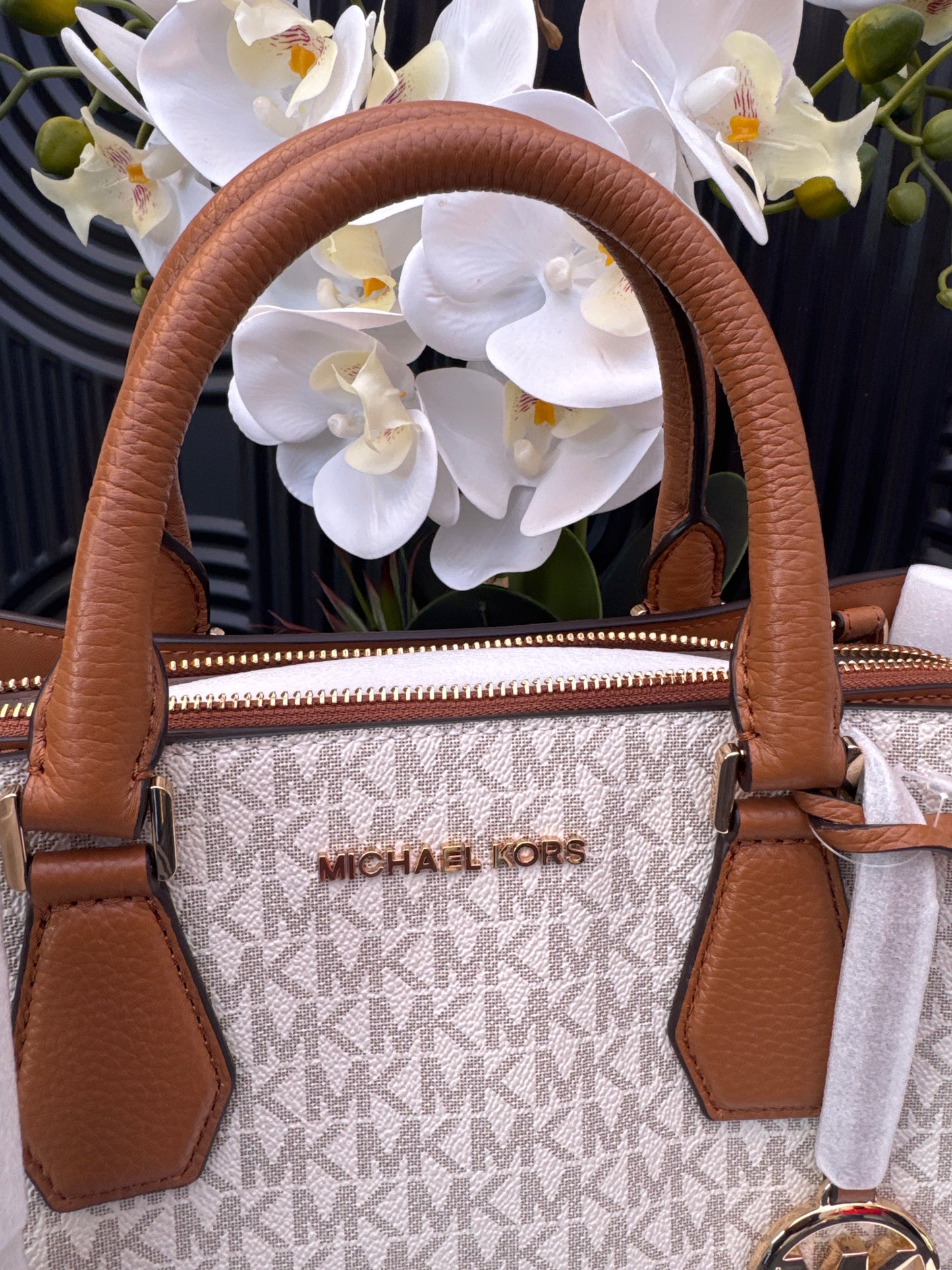 MK Large Logo and Leather Satchel