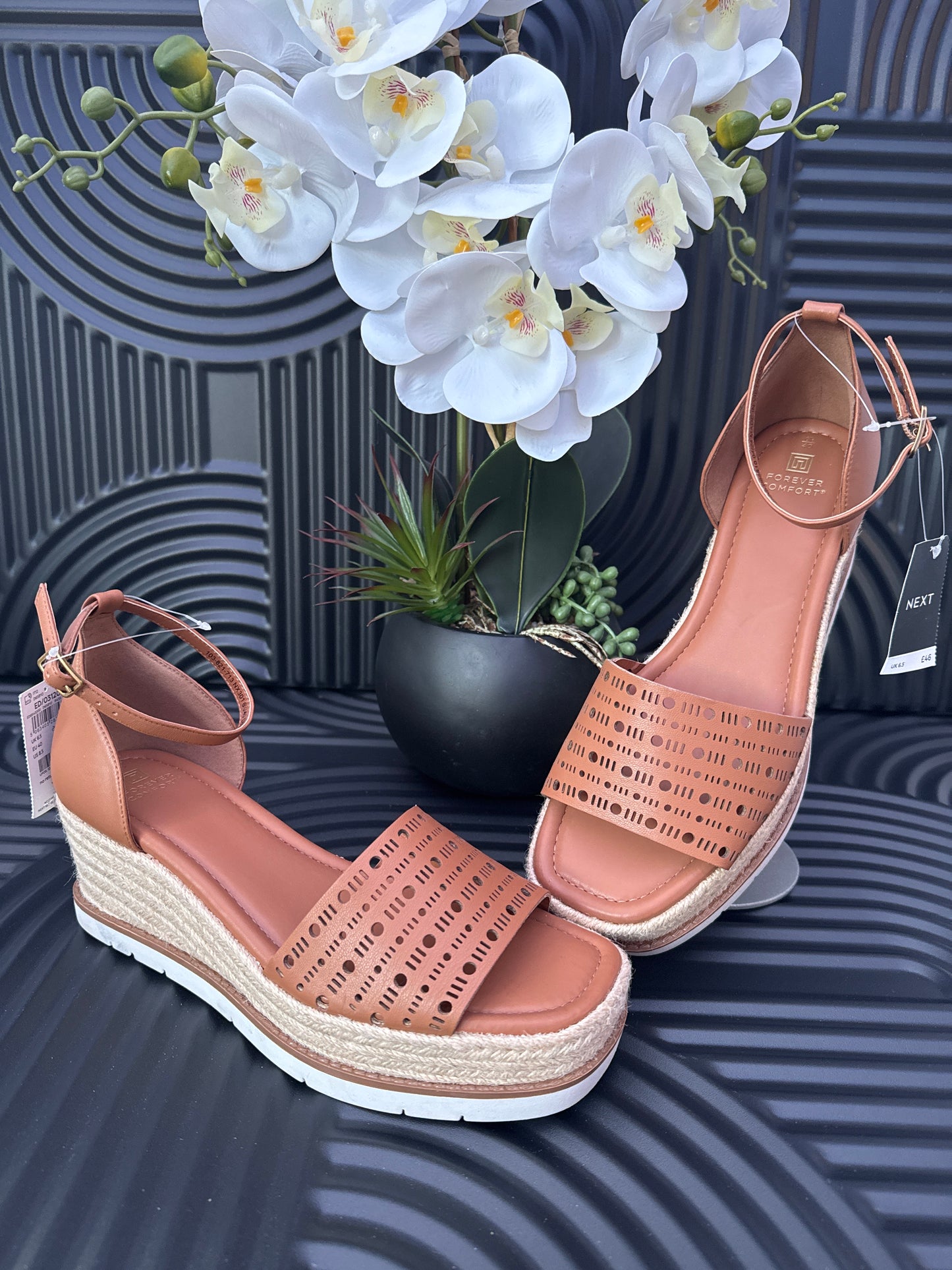 Tan Lasercut Espadrilles Wedges