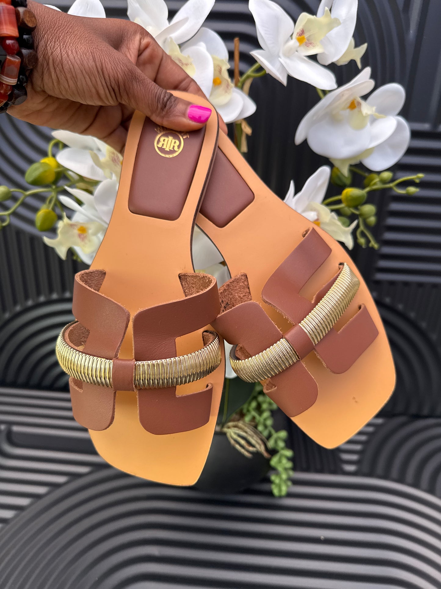Brown Wide Fit Leather Flat Sandals