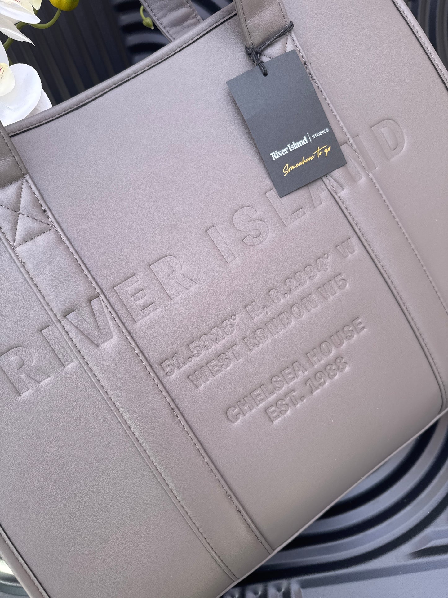 Grey Leather Embossed Shopper Bag
