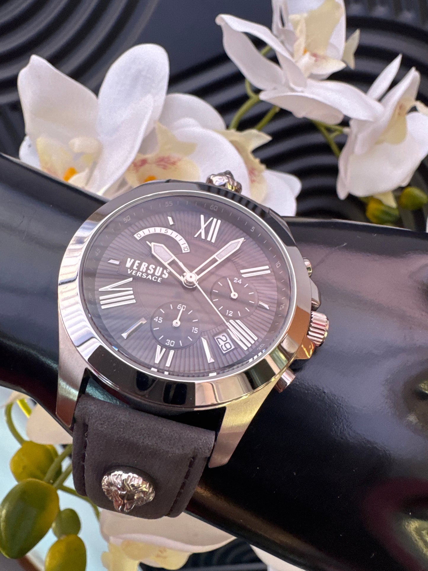 Versus Versace Black Leather Chronograph Watch