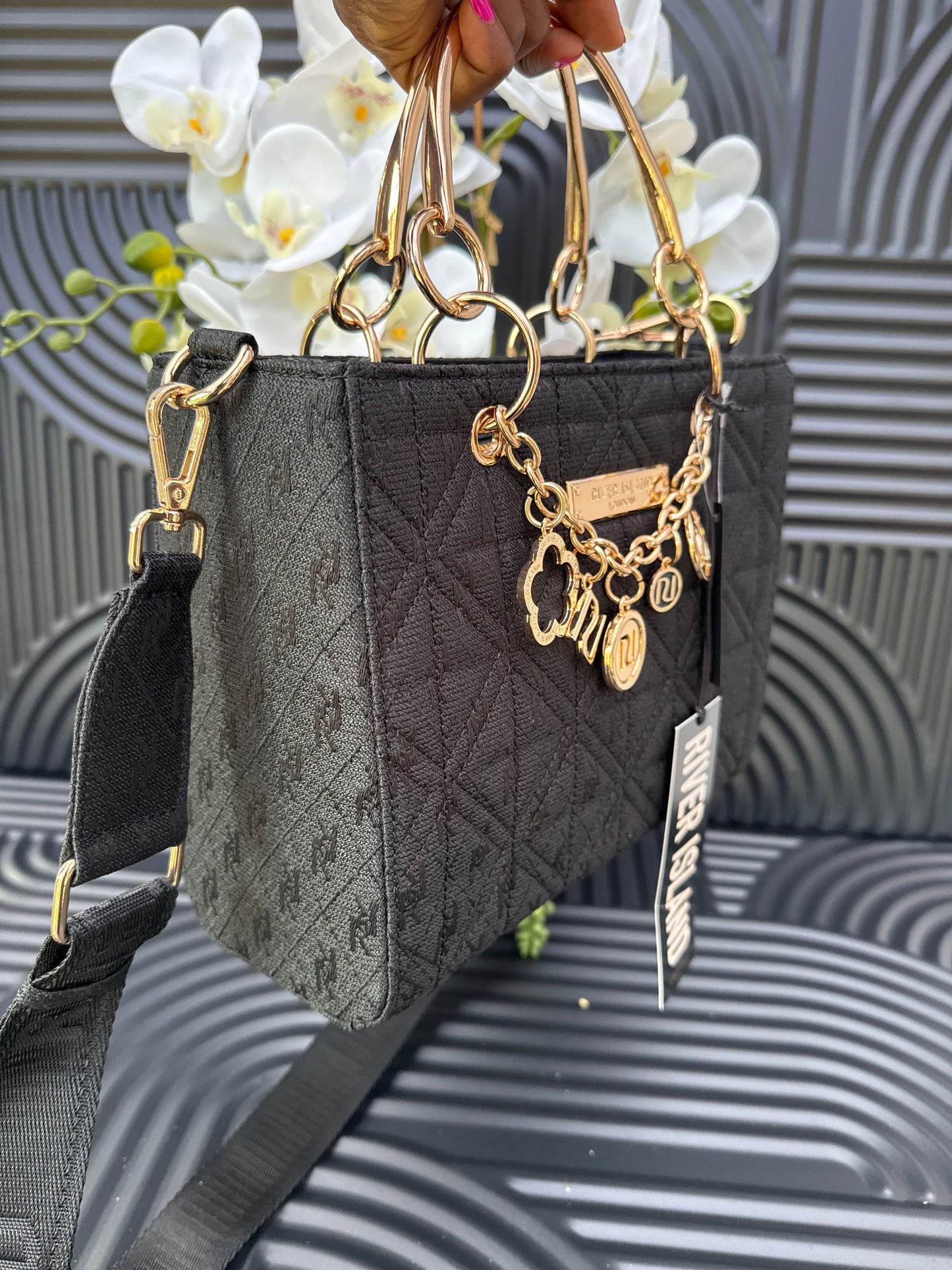 River Island Womens Tote Bag Black Jacquard Charm