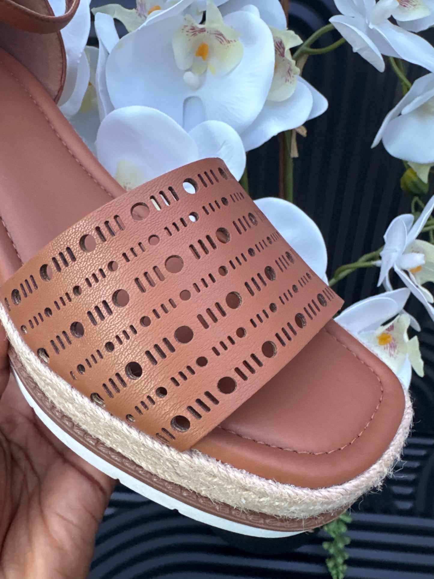 Tan Lasercut Espadrilles Wedges